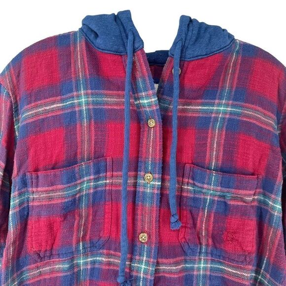 American Eagle Oversized Hooded Flannel Size S Red Blue Plaid Distressed Grunge - Picture 3 of 11